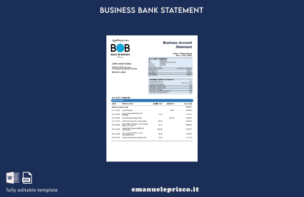 modello Word e PDF di estratto conto aziendale della Banca del Bhutan in stile v